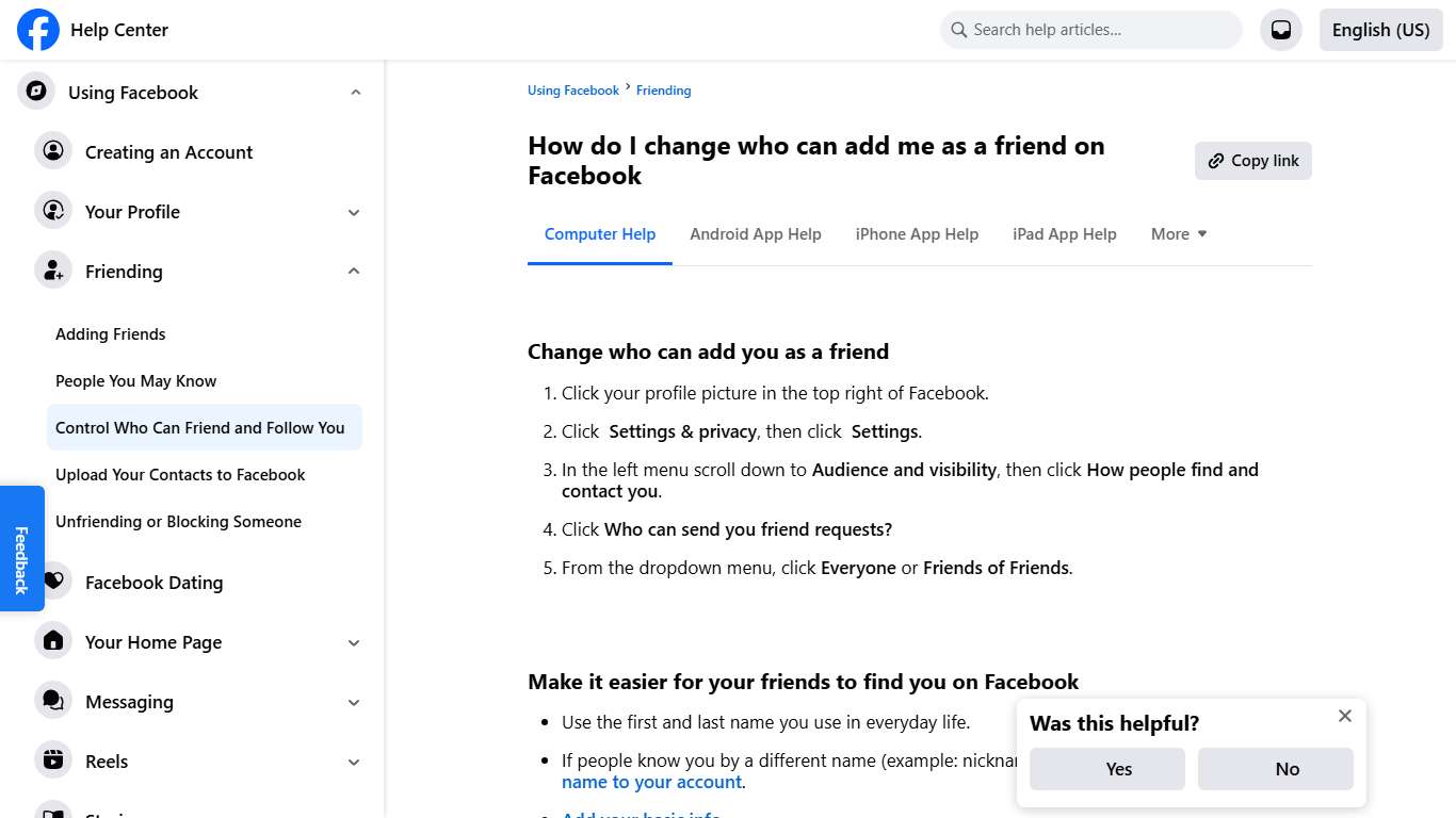 How do I change who can add me as a friend on Facebook Facebook Help Center